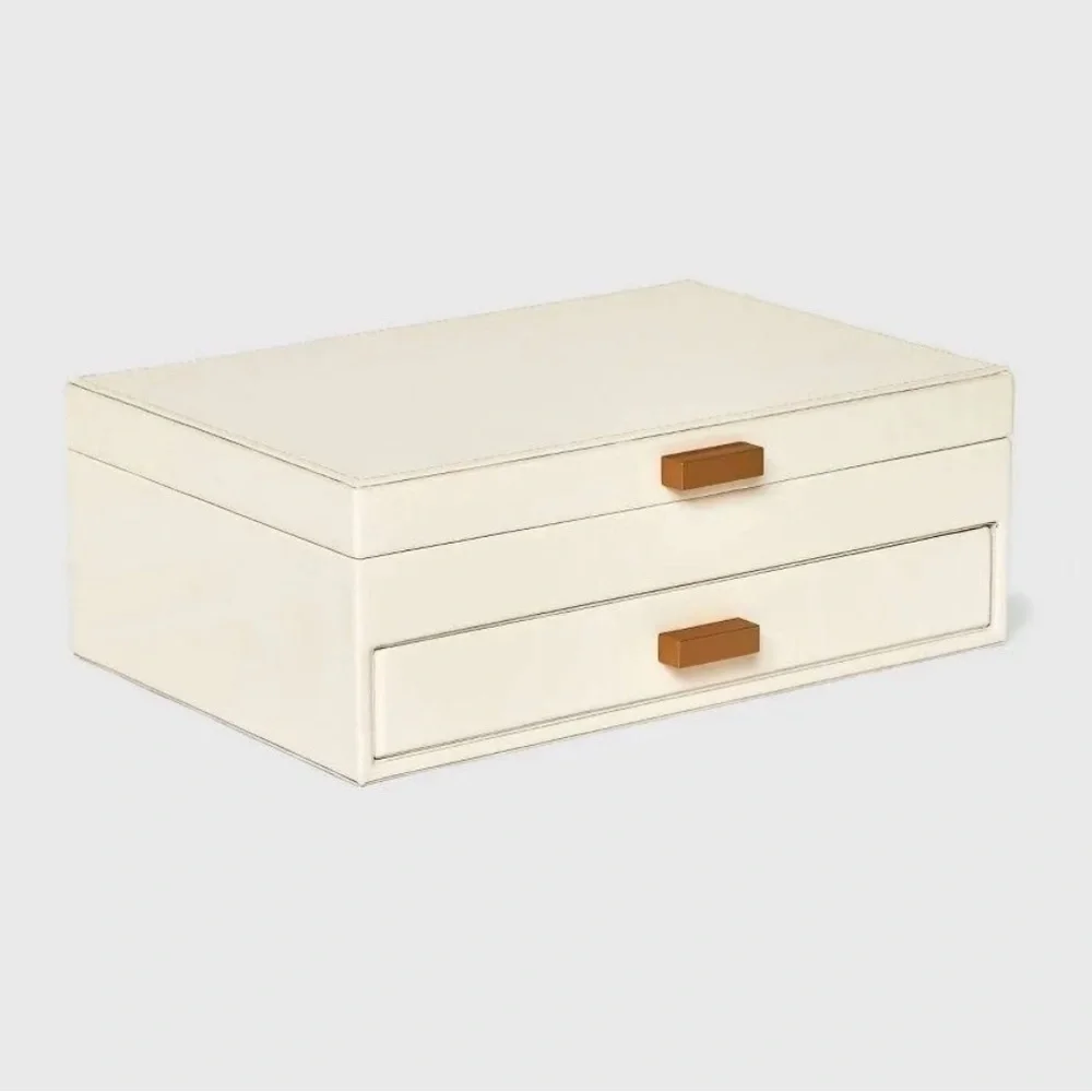 a new day Two Drawer Organizer Cream Jewelry Box Storage Divided Tray & Mirror